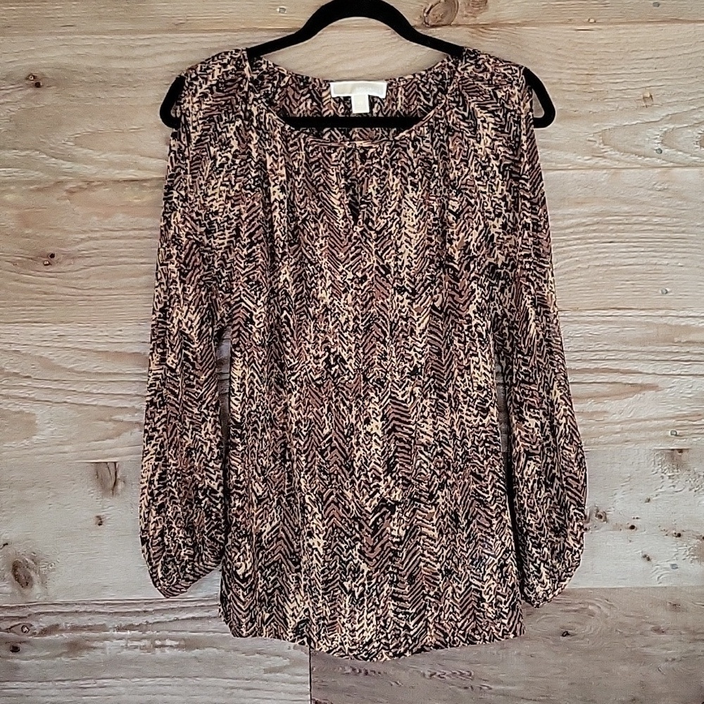 Michael Kors Size XSmall Black and Brown Printed Top with Slit Sleeves